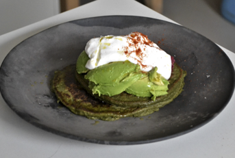 GREEN PANCAKES WITH KIMCHI AND CONOCNUT YOGHURT